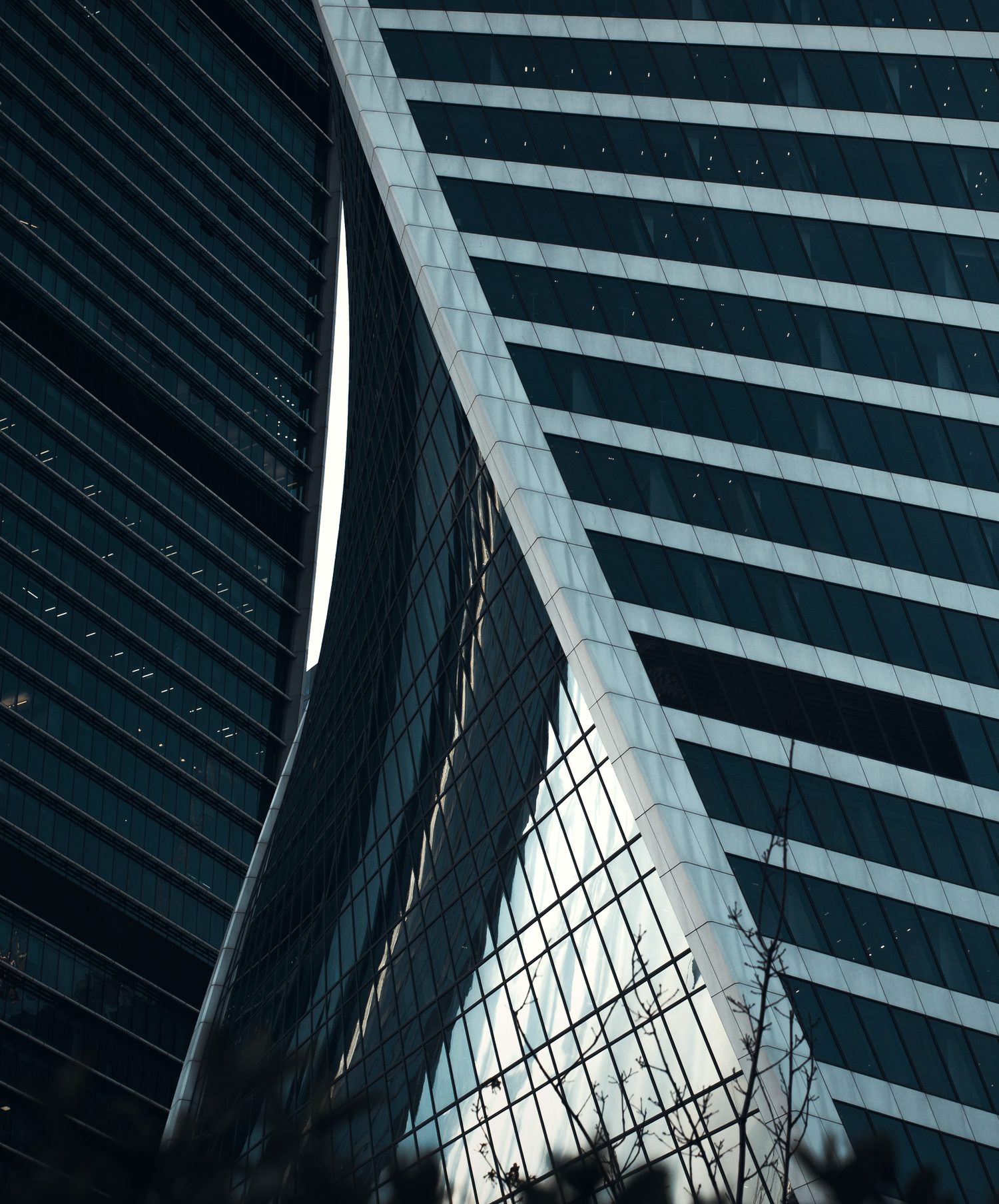 Glass skyscraper rising overhead